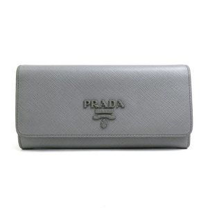 Auth PRADA Logo Bifold Long Wallet Gray Leather -